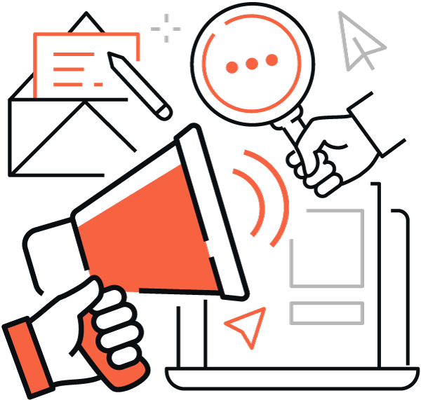 Import odsprzedaży Transgraniczna EC Ilustracja graficzna narzędzi marketingu cyfrowego, takich jak megafon, ikona wyszukiwania, telefon komórkowy, dokumenty itp., Przedstawione w pomarańczowo-czarnej kolorystyce.
